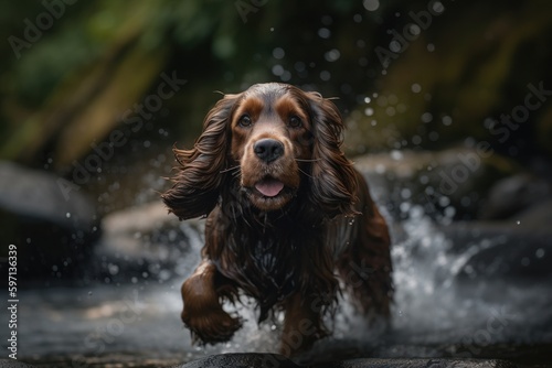 Lifestyle portrait photography of an aggressive cocker spaniel swinging against waterfalls background. With generative AI technology © Markus Schröder