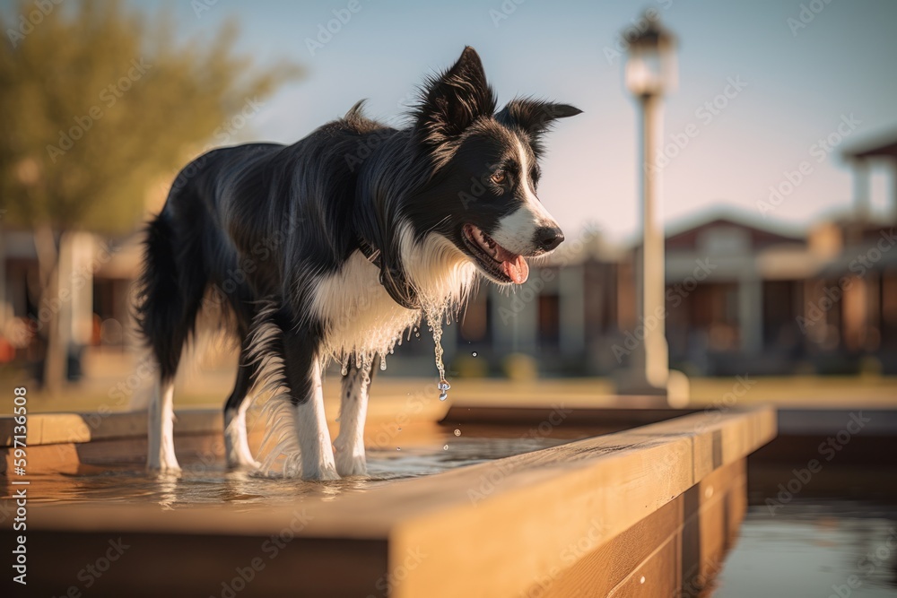Full-length portrait photography of a happy border collie drinking from ...