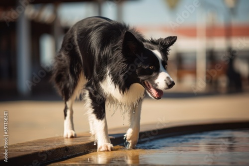 Full-length portrait photography of a happy border collie drinking from a water fountain against fishing piers background. With generative AI technology