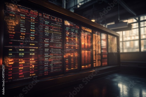 A 3D rendering of a trading board with fictitious stock tickers displayed. Generative AI