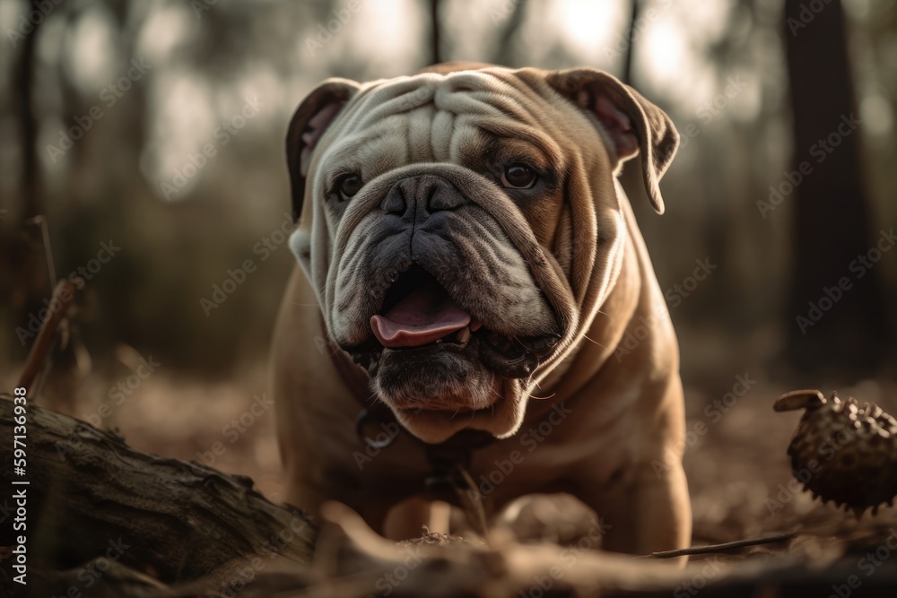 Medium shot portrait photography of a scared bulldog having a toy in its mouth against wildlife refuges background. With generative AI technology