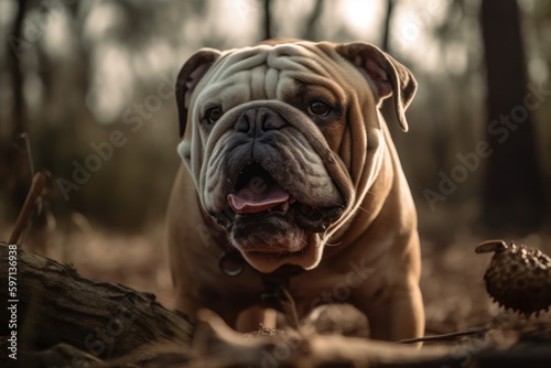 Medium shot portrait photography of a scared bulldog having a toy in its mouth against wildlife refuges background. With generative AI technology © Markus Schröder
