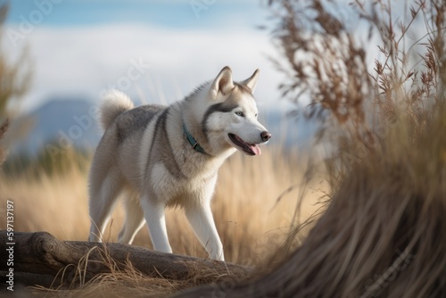 Medium shot portrait photography of a curious siberian husky swinging against wildlife refuges background. With generative AI technology