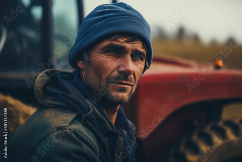 Man near a tractor. Concept of agriculture and field works. Generative AI