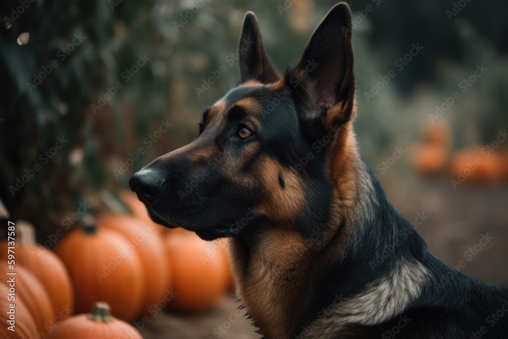 Lifestyle portrait photography of a curious german shepherd scratching ears against pumpkin patches background. With generative AI technology