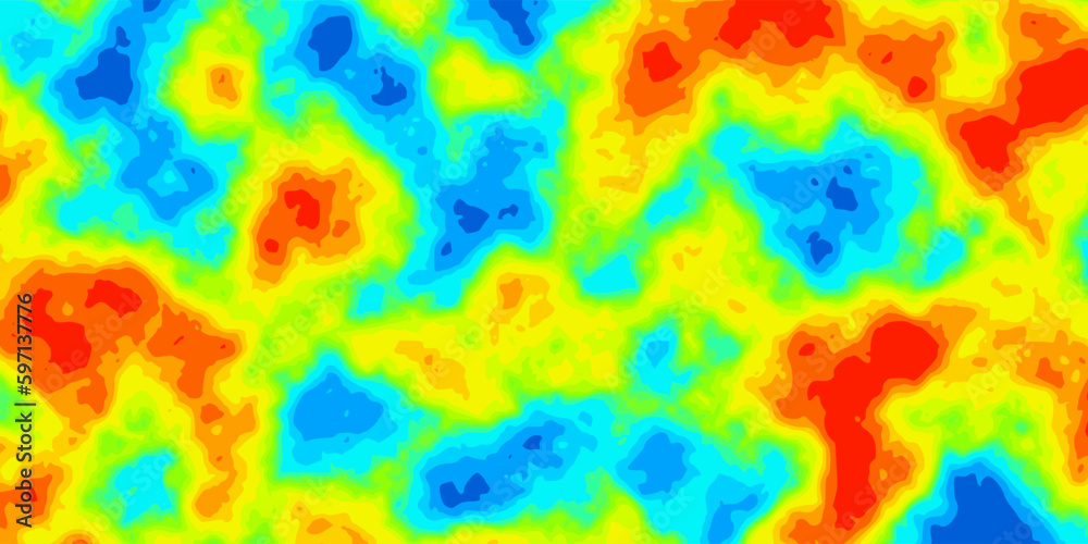 Abstract rainbow vector heatmap of hot and cold distribution on landscape. Infrared thermographic background. Global warming concept. Data of temperature scanner