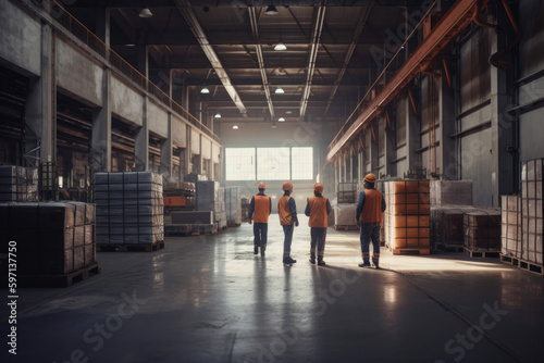 Group of warehouse workers wearing hardhats and reflective jackets. Generative AI