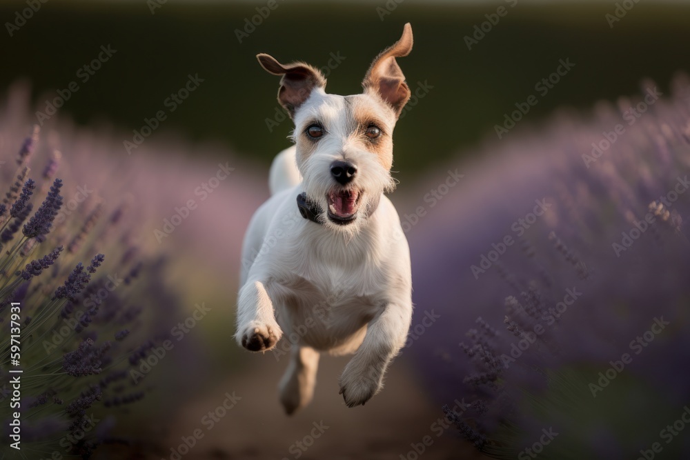 Group portrait photography of a curious jack russell terrier jumping against lavender fields background. With generative AI technology
