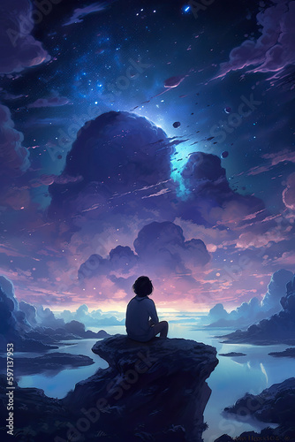 Person meditating on a cliff in nature with purple nature landscape with starry sky with clouds, created with Generative AI