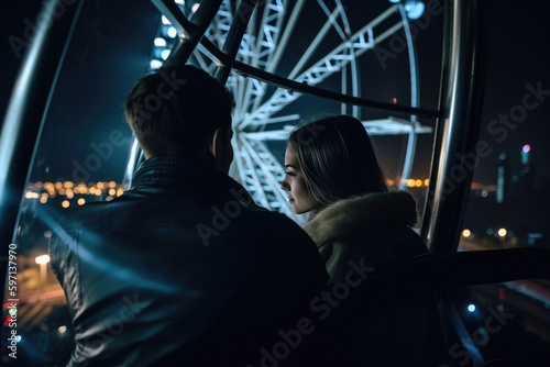 Couple in love on a Ferris wheel ride  night city from behind. Generative AI