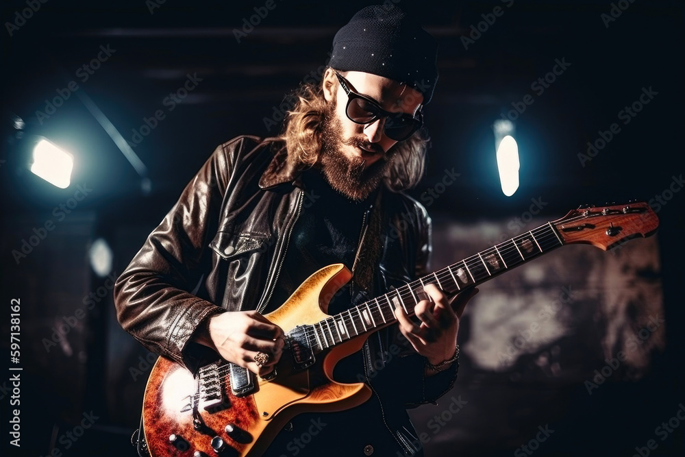 Obraz premium Man plays an electric guitar. Generative AI
