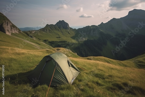 A hikers tent on a green field overlooking beautiful mountain landscape.