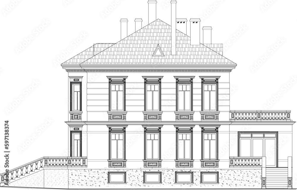 House facade drawing architecture village two-story classical style black and white drawing on a white background sketch architectural details window door