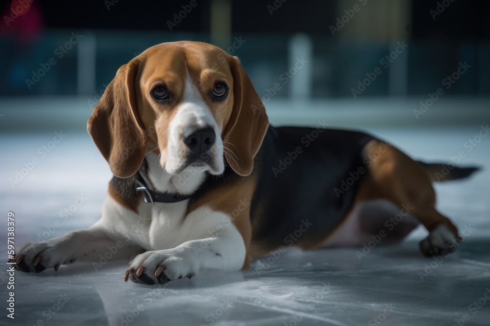 Medium shot portrait photography of an aggressive beagle lying down against ice skating rinks background. With generative AI technology