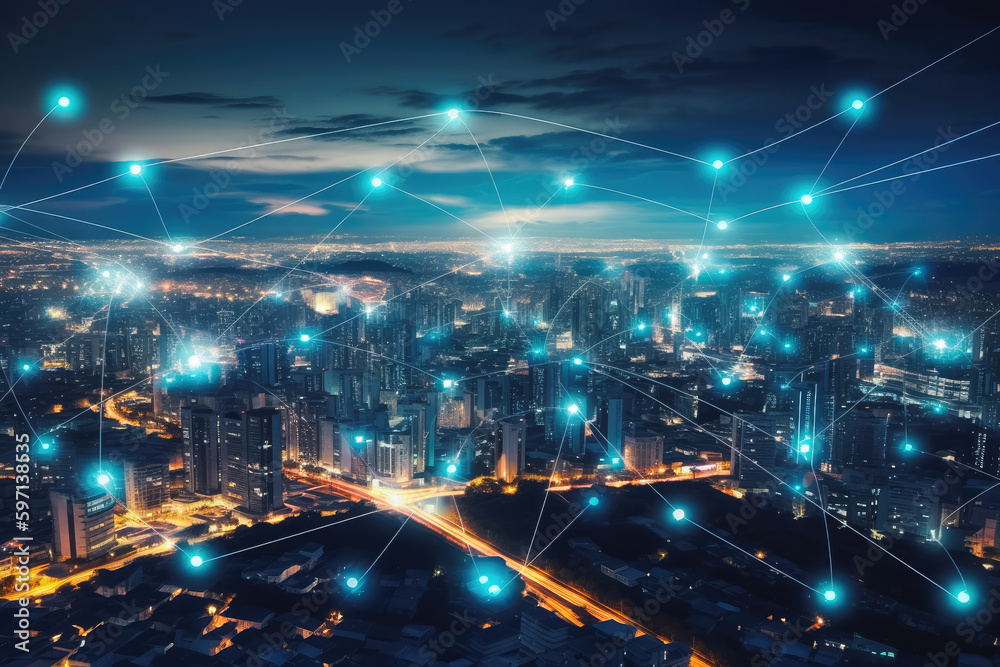 Fototapeta premium Internet of things, connected all devices to a network and communicate between. Night city landscape with connection wires. Concept. Generative AI.