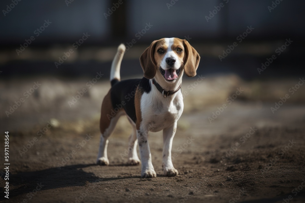 Full-length portrait photography of a happy beagle standing on hind legs against race tracks background. With generative AI technology