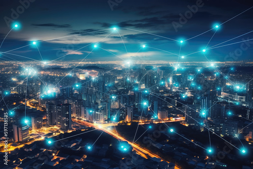Internet of things, connected all devices to a network and communicate between. Night city landscape with connection wires. Concept. Generative AI.