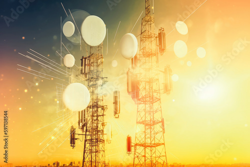 Background image shows a 5G global network technology communication antenna tower for wireless high speed internet. Double exposure. Generative AI.