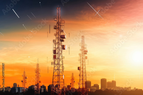 Background image shows a 5G global network technology communication antenna tower for wireless high speed internet. Double exposure. Generative AI.