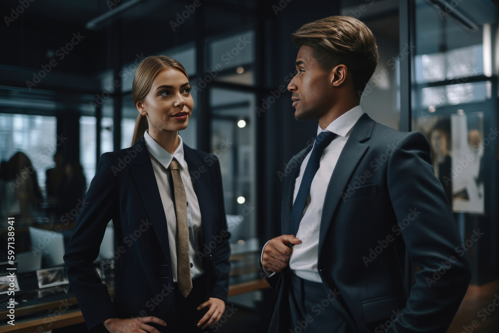 Woman and man wearing a suit and talking to each while standing in a modern office. Generative AI Woman and man wearing a suit and talking to each while standing in a modern office. Generative AI