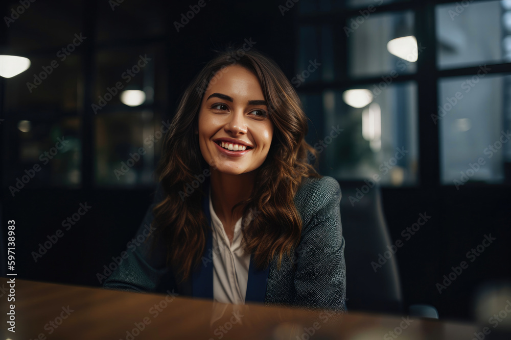 Smiling woman sitting in a modern office. Generative AI Smiling woman sitting in a modern office. Generative AI
