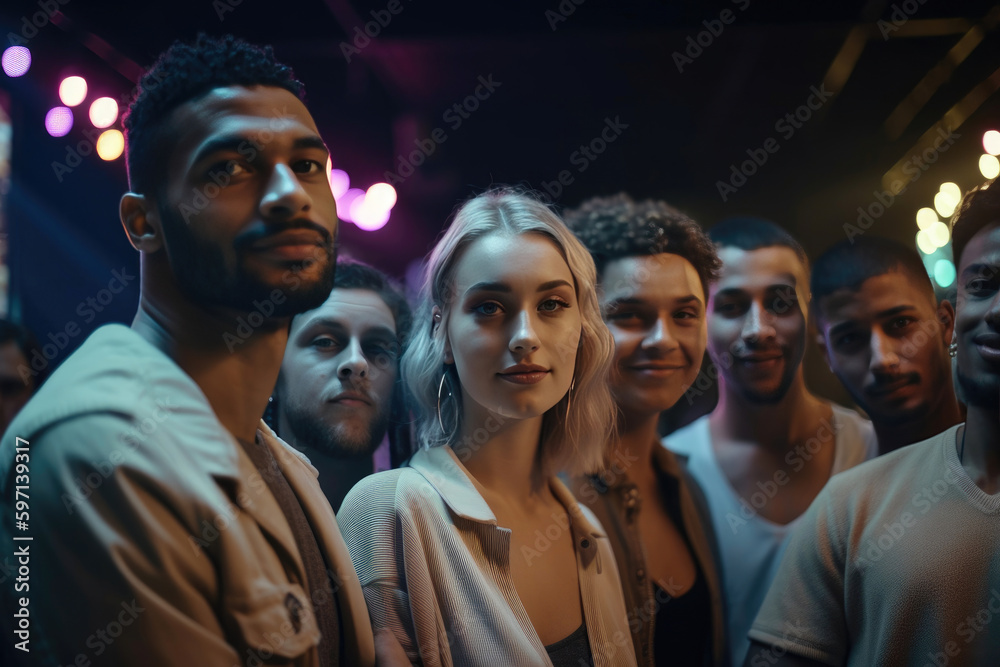 Diverse people looking at camera in nightclub. Generative AI Diverse people looking at camera in nightclub. Generative AI