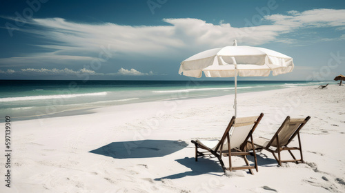 White sand beach, chairs and umbrella overlooking blue seascape. Beautiful beach banner. Generative AI © senadesign