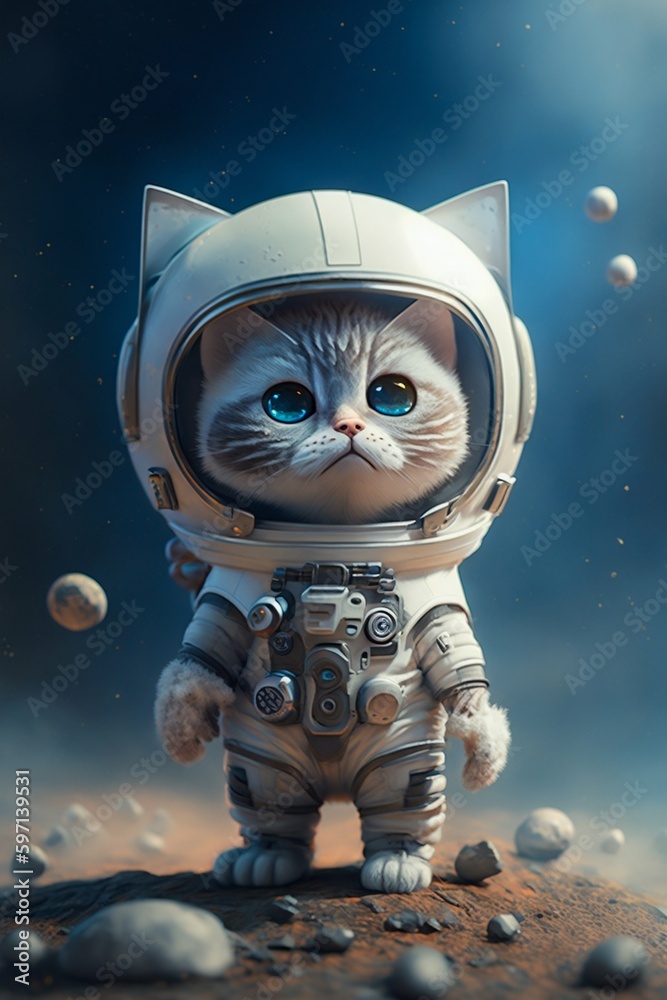 Fototapeta Funny adorable standing baby cat, dressed as an astronaut on the moon. Generative AI