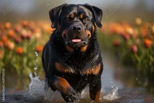 Medium shot portrait photography of an aggressive rottweiler shaking off water after swimming against tulip fields background. With generative AI technology