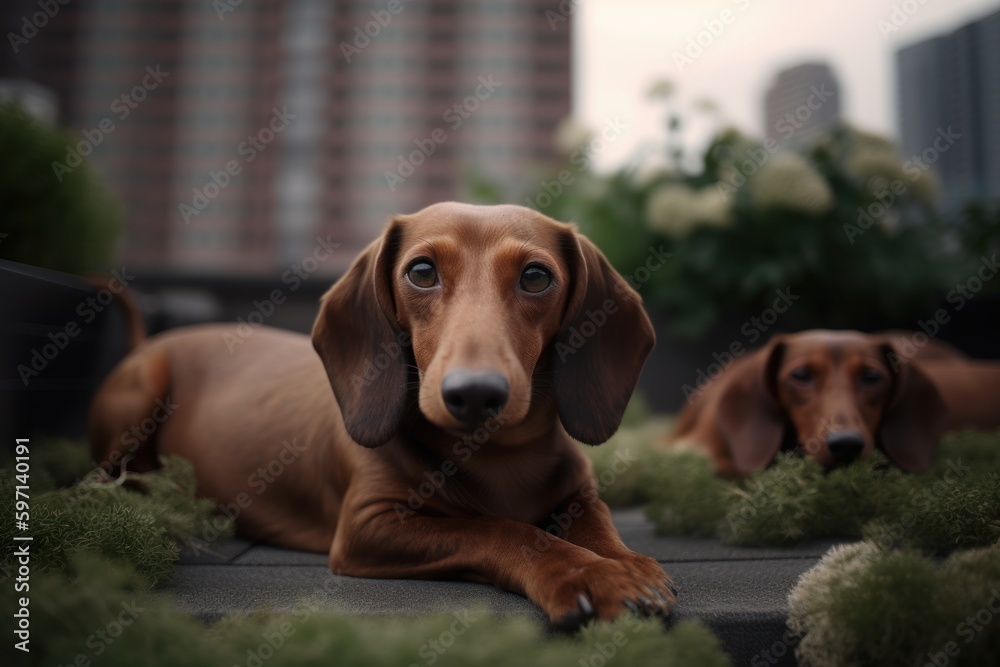 Group portrait photography of a bored dachshund lying down against urban rooftop gardens background. With generative AI technology Group portrait photography of a bored dachshund lying down against urban rooftop gardens background. With generative AI technology