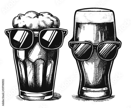 beer glass wearing sunglasses, beer glasses retro sketch 