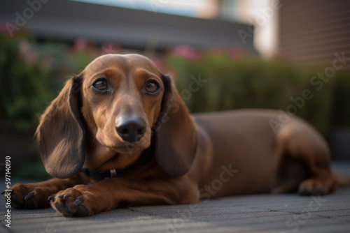 Group portrait photography of a bored dachshund lying down against urban rooftop gardens background. With generative AI technology