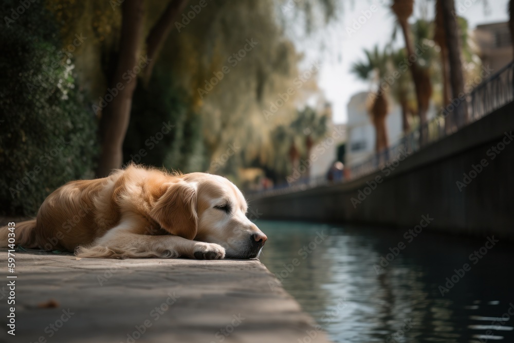 Lifestyle portrait photography of a curious golden retriever sleeping against canals and waterways background. With generative AI technology Lifestyle portrait photography of a curious golden retriever sleeping against canals and waterways background. With generative AI technology