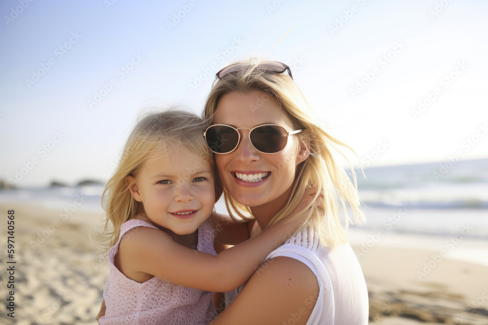 Happy caucasian mother and playful daughter having fun in the sun at the beach. Generative AI Happy caucasian mother and playful daughter having fun in the sun at the beach. Generative AI