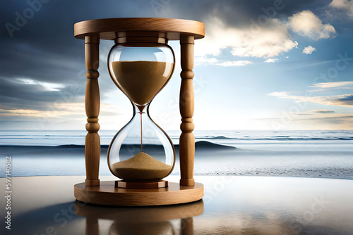 Hourglass. Beach landscape. Time passing concept. Generative AI. 