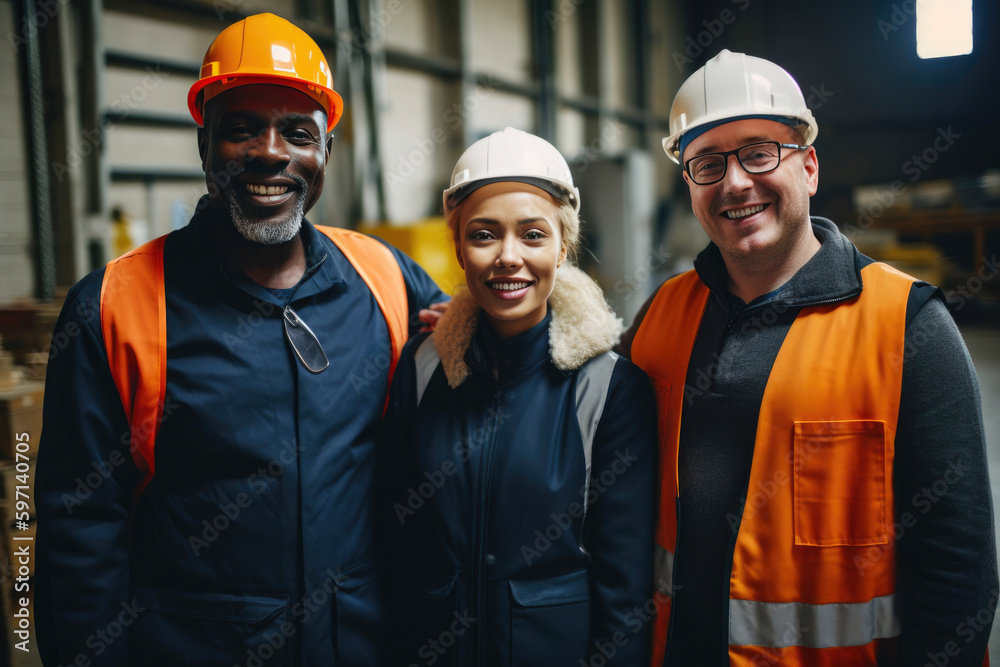 Diverse group of factory workers. Generative AI Diverse group of factory workers. Generative AI