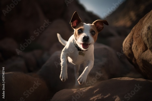 Medium shot portrait photography of an aggressive jack russell terrier jumping against rock formations background. With generative AI technology