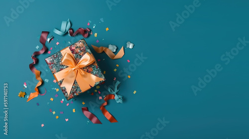 Gift box with satin ribbon and bow on blue background. Holiday gift with copy space. Birthday or Christmas present, flat lay, top view. Christmas giftbox concept. Generative Ai