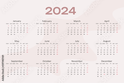 2023 Calendar Planner Template. Vector layout of a wall or desk simple calendar with week start monday. Calendar grid in pink color for print
