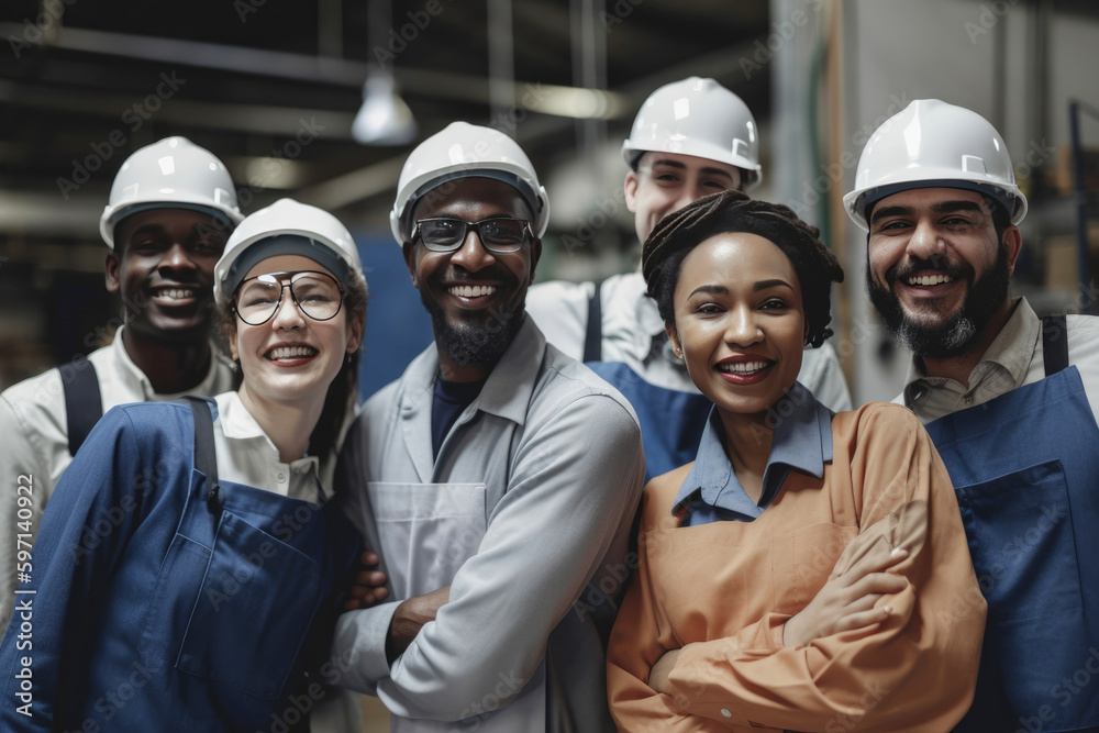 Diversity, team and portrait of engineering employees standing in an industrial office. Generative AI Diversity, team and portrait of engineering employees standing in an industrial office. Generative AI