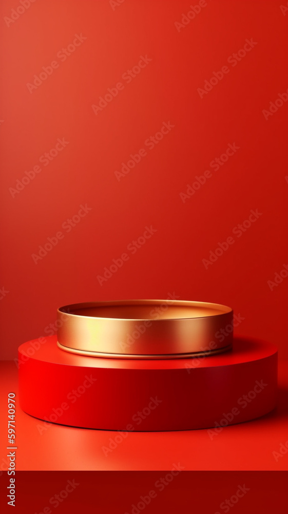 Red & Gold Table Counter Top, Podium Pedestal, Abstract Living Room Space Background in Interior. Product Mock up Display, Back Drop. Showcase Your Modern & Stylish Stylish Products. Generative AI. Red & Gold Table Counter Top, Podium Pedestal, Abstract Living Room Space Background in Interior. Product Mock up Display, Back Drop. Showcase Your Modern & Stylish Stylish Products. Generative AI.