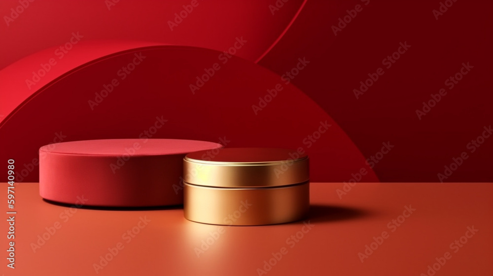 Red & Gold Table Counter Top, Podium Pedestal, Abstract Living Room Space Background in Interior. Product Mock up Display, Back Drop. Showcase Your Modern & Stylish Stylish Products. Generative AI. Red & Gold Table Counter Top, Podium Pedestal, Abstract Living Room Space Background in Interior. Product Mock up Display, Back Drop. Showcase Your Modern & Stylish Stylish Products. Generative AI.