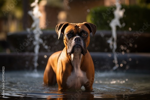 Group portrait photography of a curious boxer dog playing with a stick against fountains and water features background. With generative AI technology