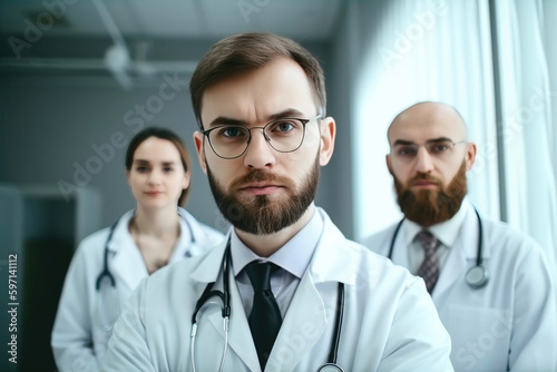 Successful team of medical doctors are looking at camera. Generative AI