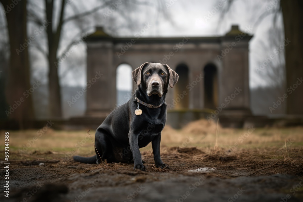 Full-length portrait photography of a scared labrador retriever having a paw print against historic battlefields background. With generative AI technology Full-length portrait photography of a scared labrador retriever having a paw print against historic battlefields background. With generative AI technology