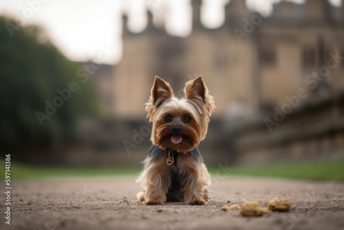 Full-length portrait photography of a curious yorkshire terrier holding a dog treat in its mouth against castles and palaces background. With generative AI technology © Markus Schröder