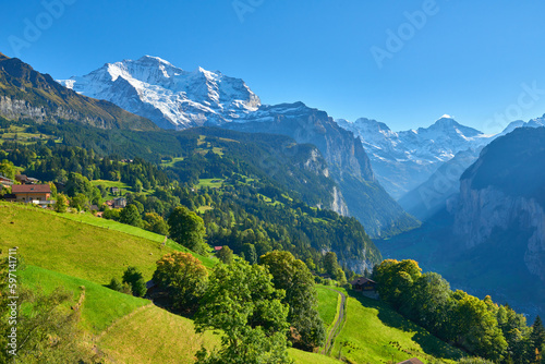 Mountain view of the high peaks near Wengen village in Switzerland.