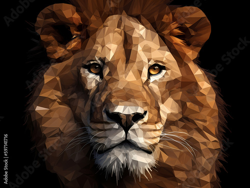 Low poly style portrait of a lion on a dark background  generated AI