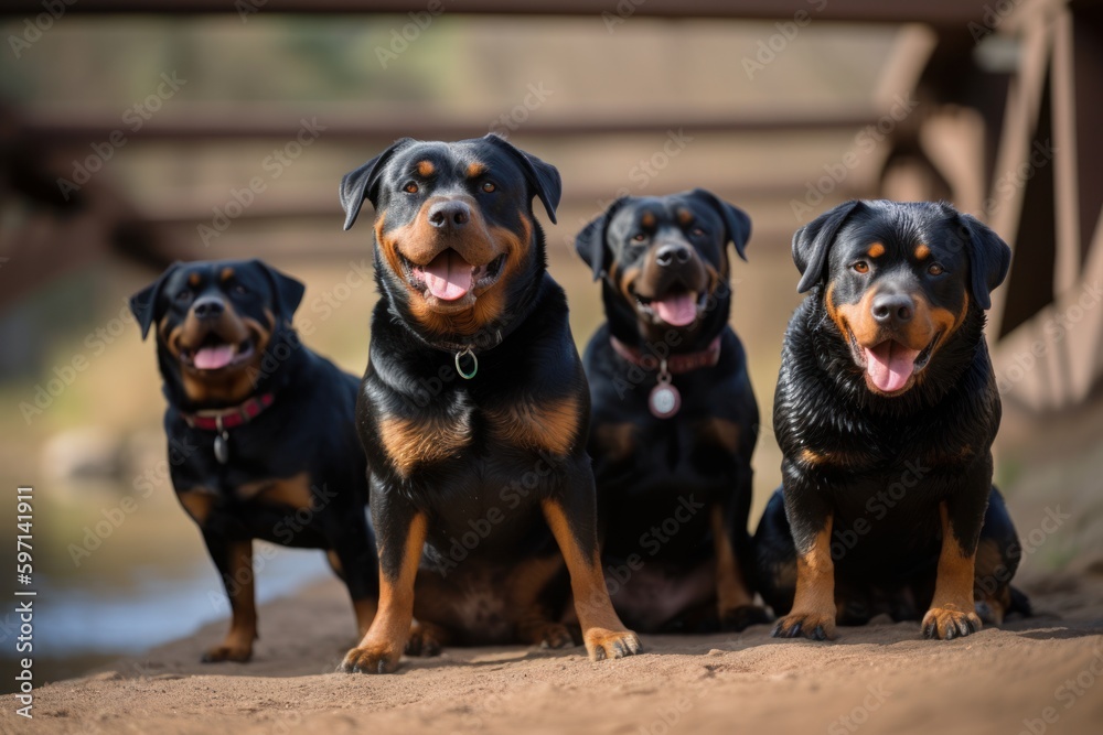 Group portrait photography of a happy rottweiler being at a dog park against natural arches and bridges background. With generative AI technology Group portrait photography of a happy rottweiler being at a dog park against natural arches and bridges background. With generative AI technology