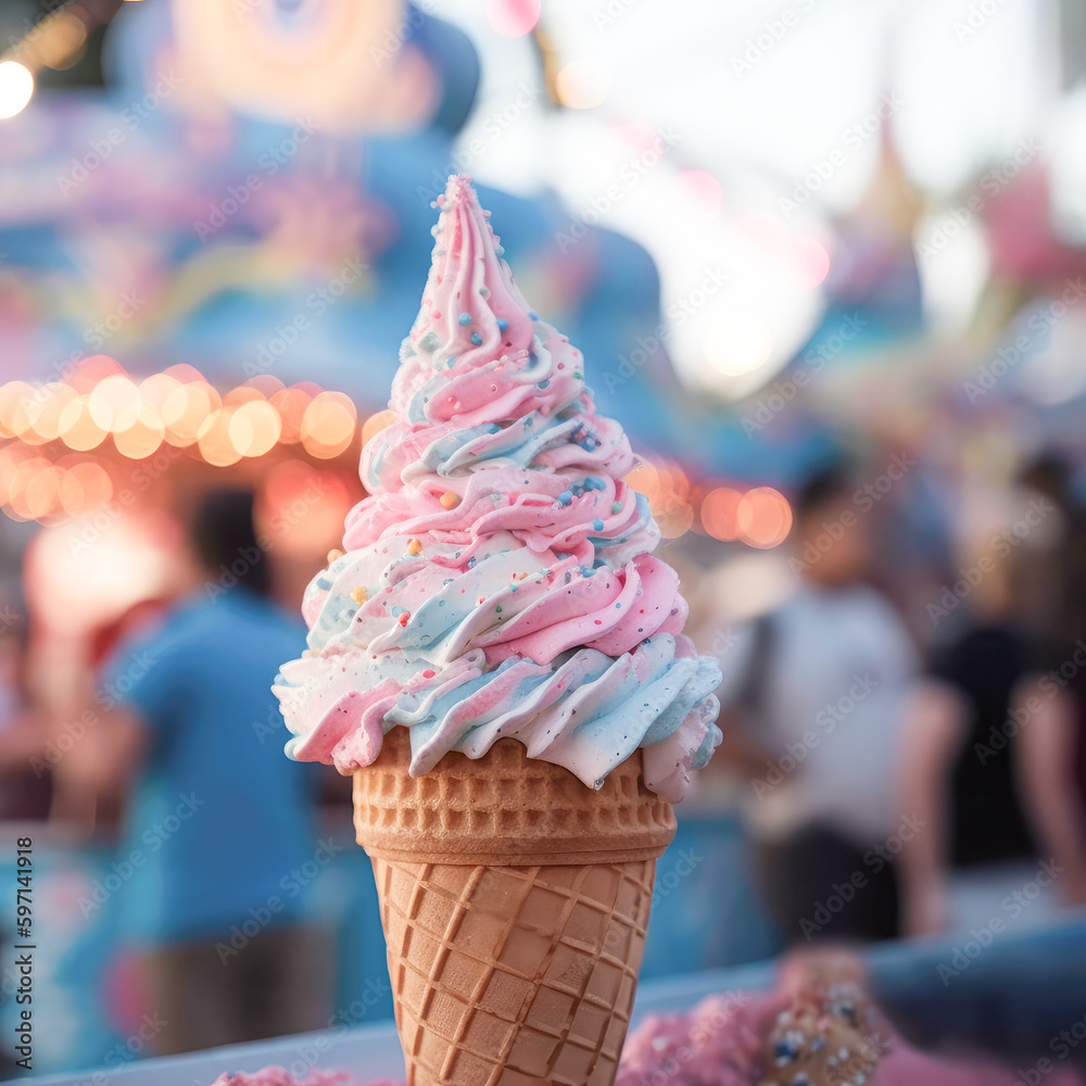 Vibrant swirls of pink and blue on a soft serve ice cream cone, set ...